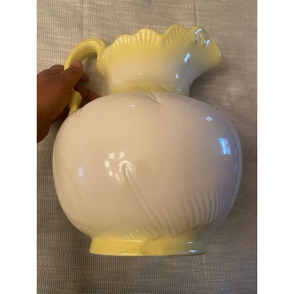 Vintage Yellow Ceramic Vase with Ruffled Top & Stylish Handle